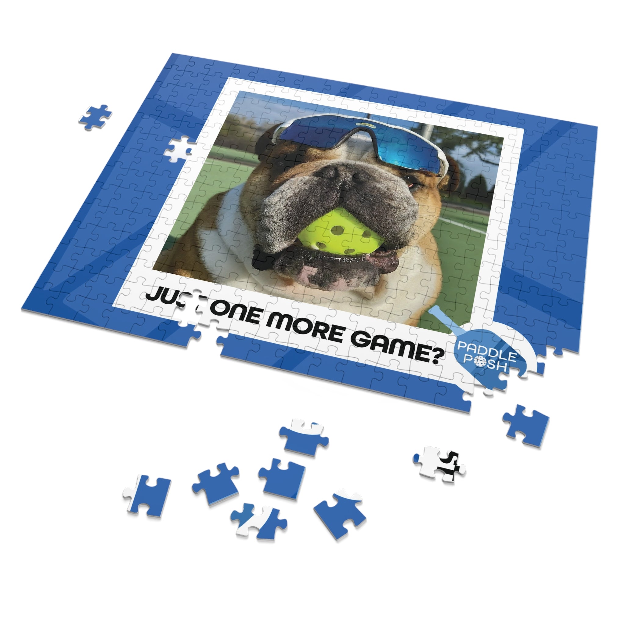 Jigsaw Puzzle: Pickleball with English Bull Dog in Metal Tin Box